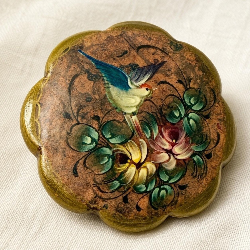 Vintage Hand Painted Wood Bird Floral Brooch Signed Lacquer Pin 2" Euro Folk Art